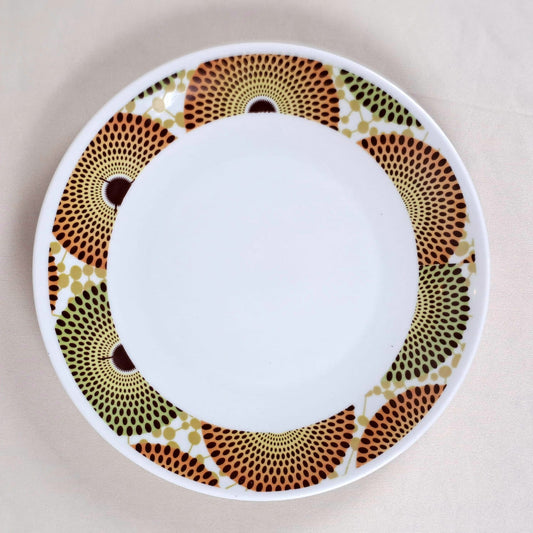 Coffret d'assiettes en porcelaine Française fabriquées à la demande avec motif anneaux larges wax d'Afrique Gammaphone dans coffret