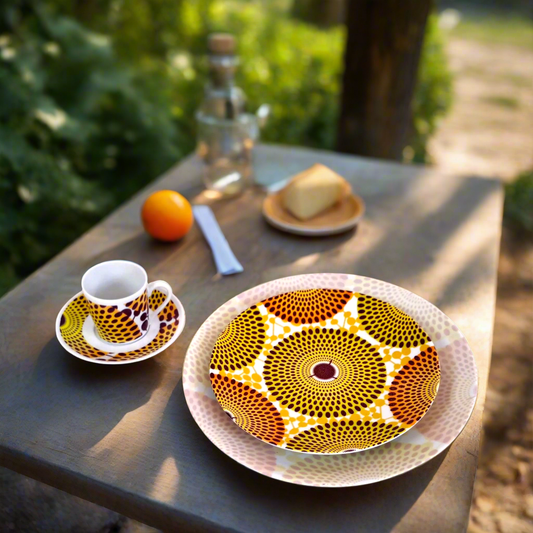 Coffret d'assiettes en porcelaine Française fabriquées à la demande avec motif plein wax d'Afrique  Gammaphone dans coffret de 6