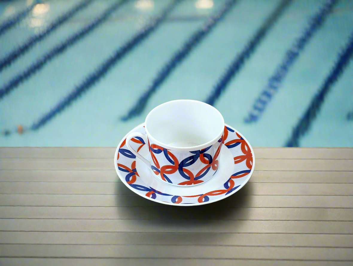 Tasse à thé en porcelaine fine Française fabriquée à la demande avec soucoupe motif africain WAX "jeux Olympiques"