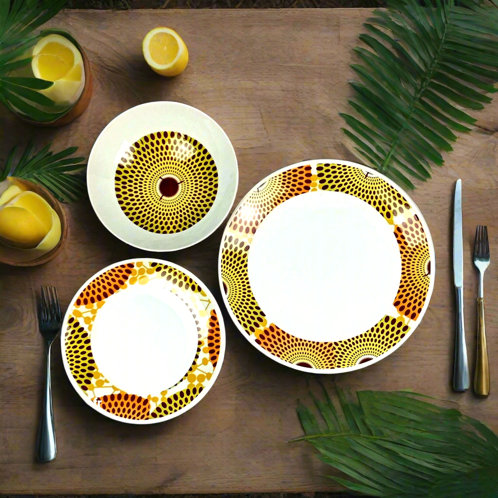 Coffret d'assiettes en porcelaine Française fabriquées à la demande avec motif anneaux larges wax d'Afrique Gammaphone orange dans coffret
