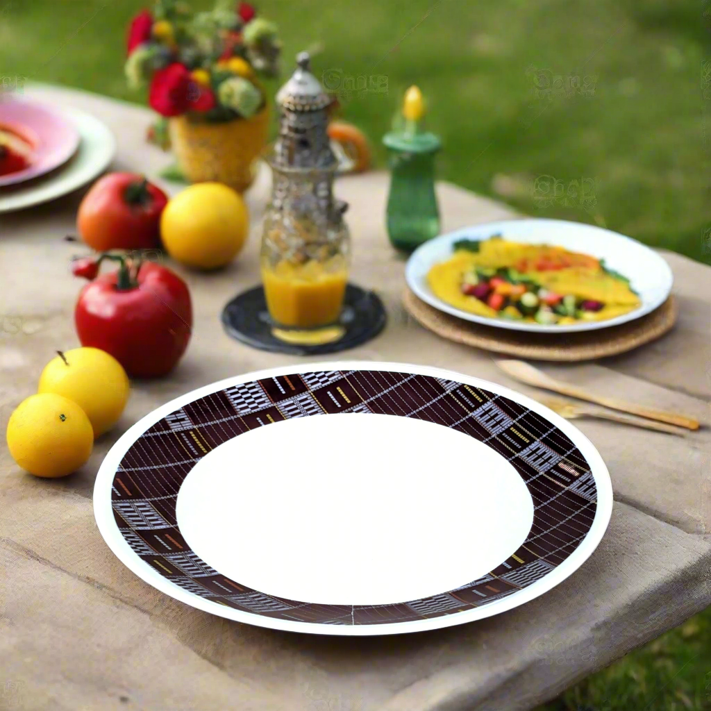 Coffret d'assiettes rondes en porcelaine fine Française fabriquées à la demande avec motif anneaux larges Ethnique de Côté d'Ivoire "Sénoufo noir" dans coffret de 6
