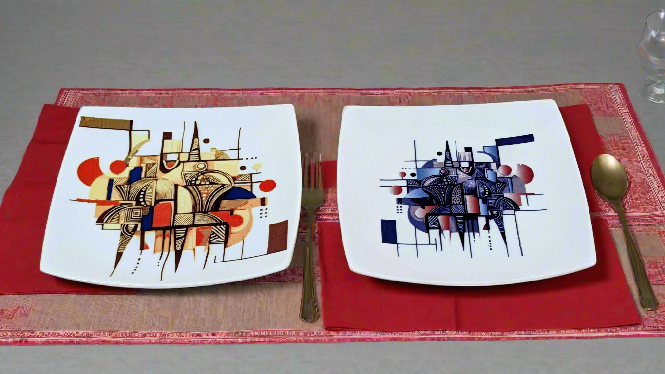 Coffret d'assiettes carrées en porcelaine fine Française fabriquées à la demande avec motif bande Ethnique d'Afrique "Artiste KHA 1" dans coffret de 6 assiettes