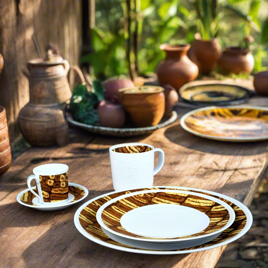 Coffret d'assiettes rondes en porcelaine fine Française fabriquées à la demande avec motif anneaux larges Ethnique de Côté d'Ivoire "Dida" dans coffret de 6
