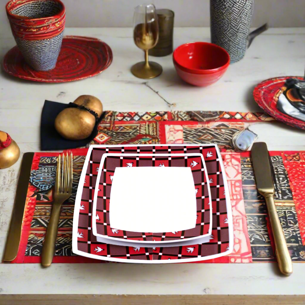 Coffret d'assiettes carrées en porcelaine fine Française fabriquées à la demande avec motif bande Ethnique d'Afrique "Lwili-Pende" du Burkina Faso dans coffret cadeau de 6 assiettes.