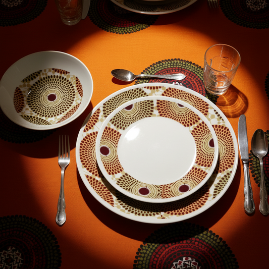 Set französischer Porzellanteller, individuell gefertigt, mit einem breiten Wachsdruckringmotiv aus Afrika (Gammaphone), in einer Geschenkbox