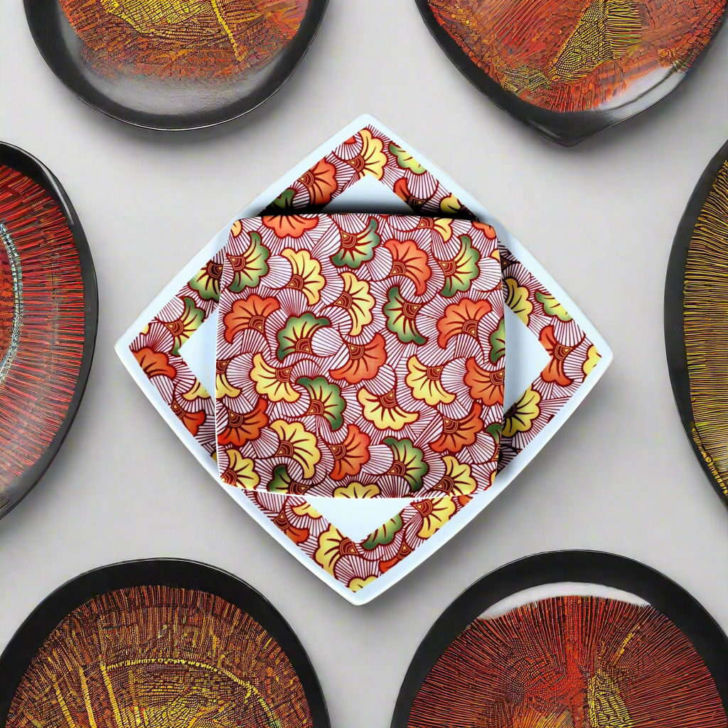 Coffret d'assiettes en porcelaine fine Française fabriquées à la demande avec motif anneau combiné WAX d'afrique "Fleurs de Mariage" rouges dans coffrets de 12