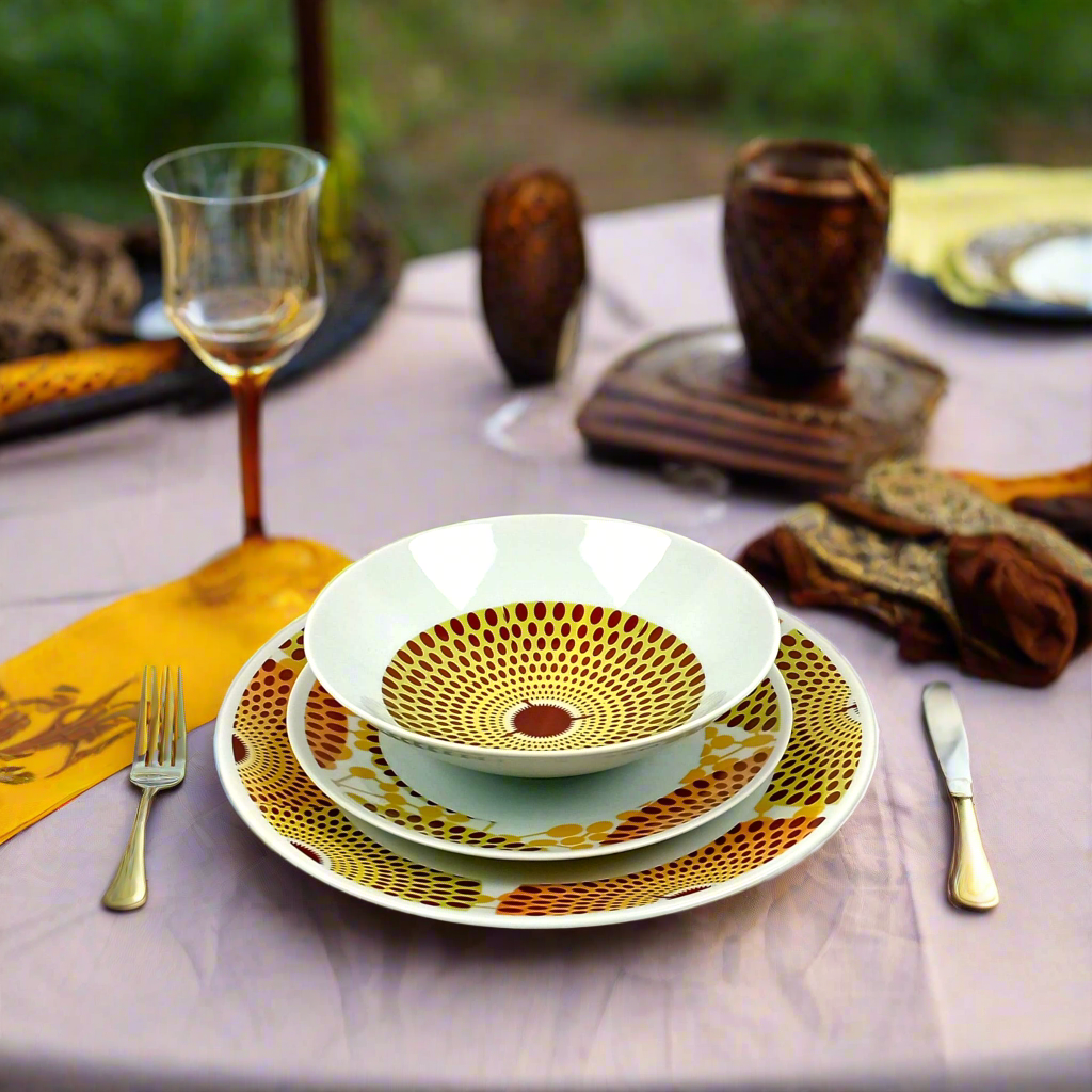 Coffret d'assiettes en porcelaine Française fabriquées à la demande avec motif anneaux larges wax d'Afrique Gammaphone orange dans coffret