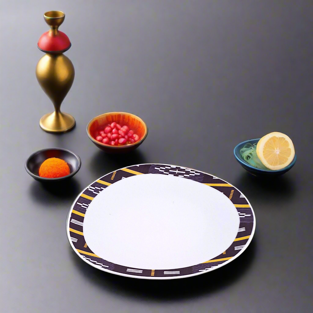 Coffret d'assiettes ovales en porcelaine fine Française fabriquées à la demande avec motif anneau Ethnique "Baoulé" de Côte d'Ivoire dans coffret de 6 assiettes