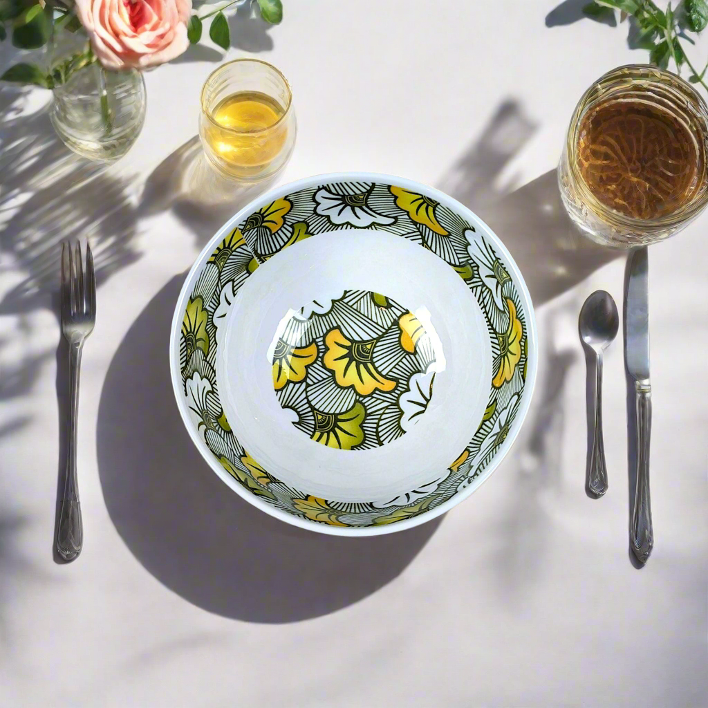 Bol grenaillé à l'extérieur en porcelaine fine Française fabriquées à la demande, motif WAX "Fleurs de mariage" vertes à l'intérieur