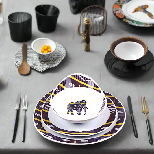 Coffret d'assiettes ovales en porcelaine fine Française fabriquées à la demande avec motif anneau Ethnique "Baoulé" de Côte d'Ivoire dans coffret de 6 assiettes