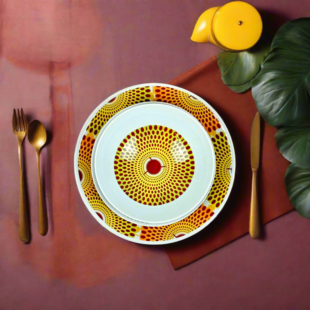 Coffret d'assiettes en porcelaine Française fabriquées à la demande avec motif anneaux larges wax d'Afrique Gammaphone orange dans coffret