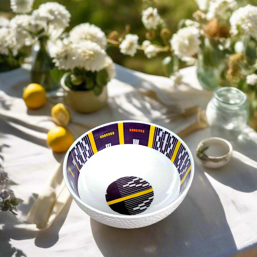 Coffret petit déjeuner en porcelaine fine française, orné d’un motif Baoulé de Côte d’Ivoire, composé d'une petite assiette, d'un grand bol et d'un MUG, présentés dans une boîte prestige.