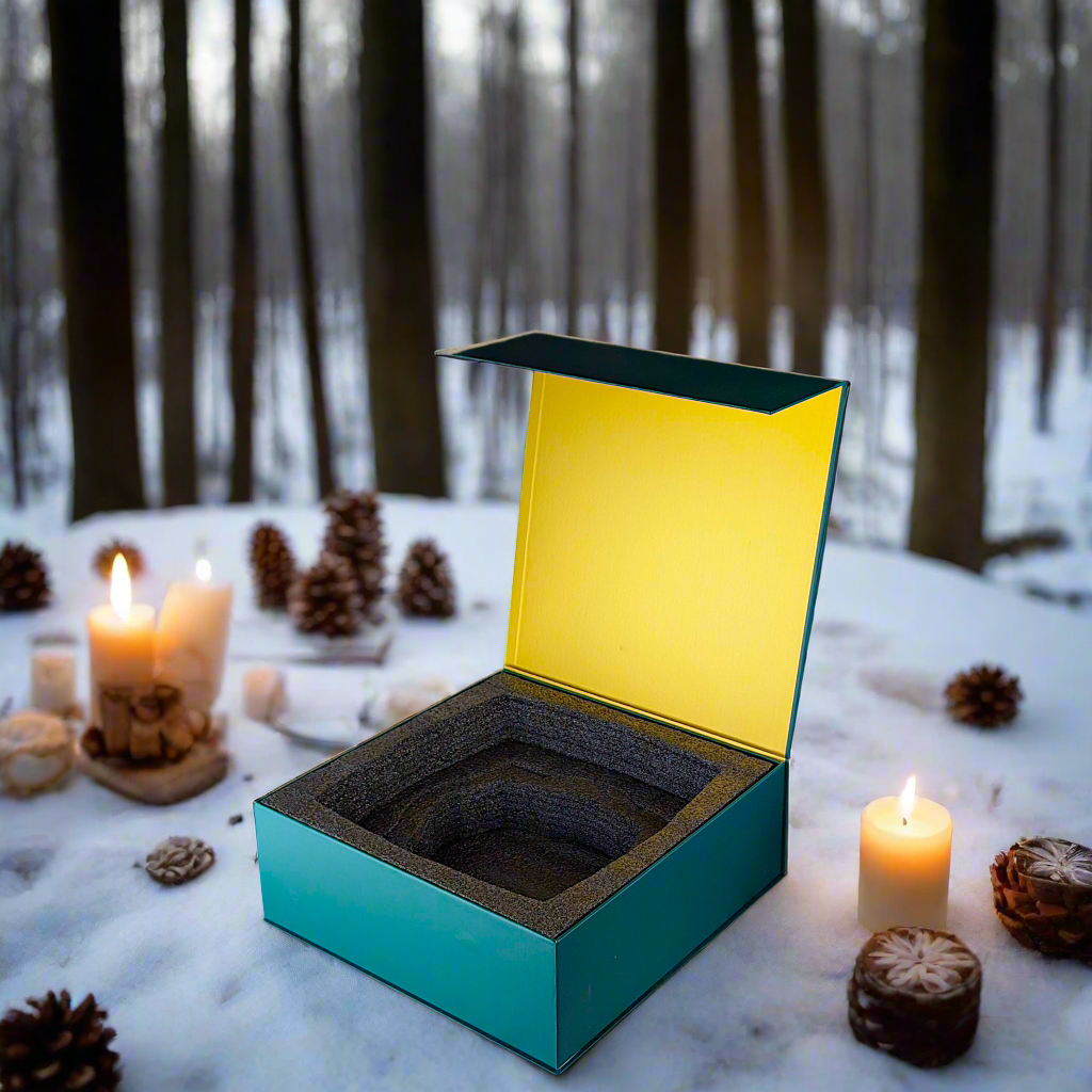 Coffret petit déjeuner en porcelaine fine française, orné d’un motif indigo, composé d'une petite assiette, d'une tasse à café et d'un MUG, présentés dans une boîte prestige.