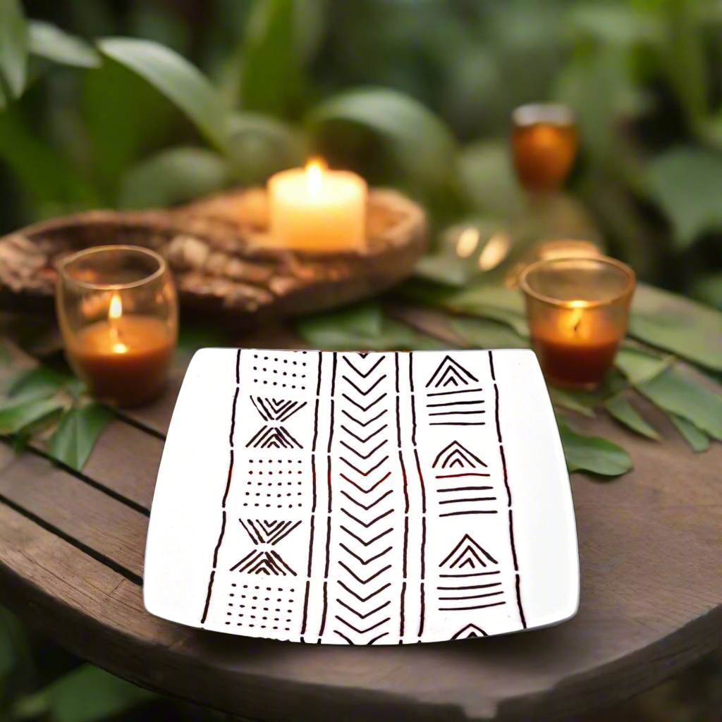 Coffret d'assiettes carrées en porcelaine fine Française fabriquées à la demande avec motif bande ethnique d'Afrique "#kente ou Kita" 4 du Ghana et Togo, présenté dans un coffret de 6 assiettes.