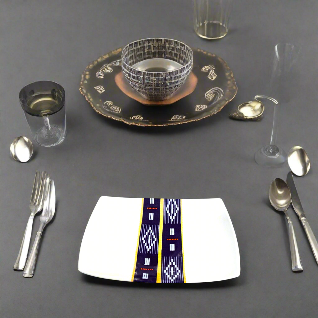 Coffret d'assiettes carrées en porcelaine fine Française fabriquées à la demande avec motif bande Éléphant Ethnique d'Afrique "Baoulé" de Côte d'Ivoire dans coffret de 12 assiettes