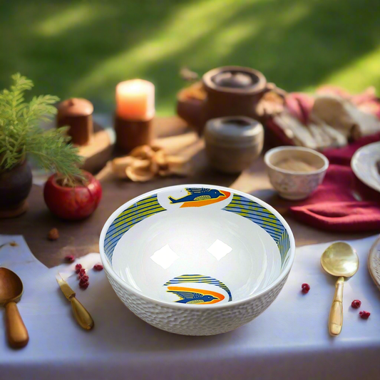 Coffret petit déjeuner en porcelaine fine française, orné d’un  motif anneau WAX "hirondelles"  composé d'une petite assiette, d'un grand bol et d'un MUG, présentés dans une boîte prestige.