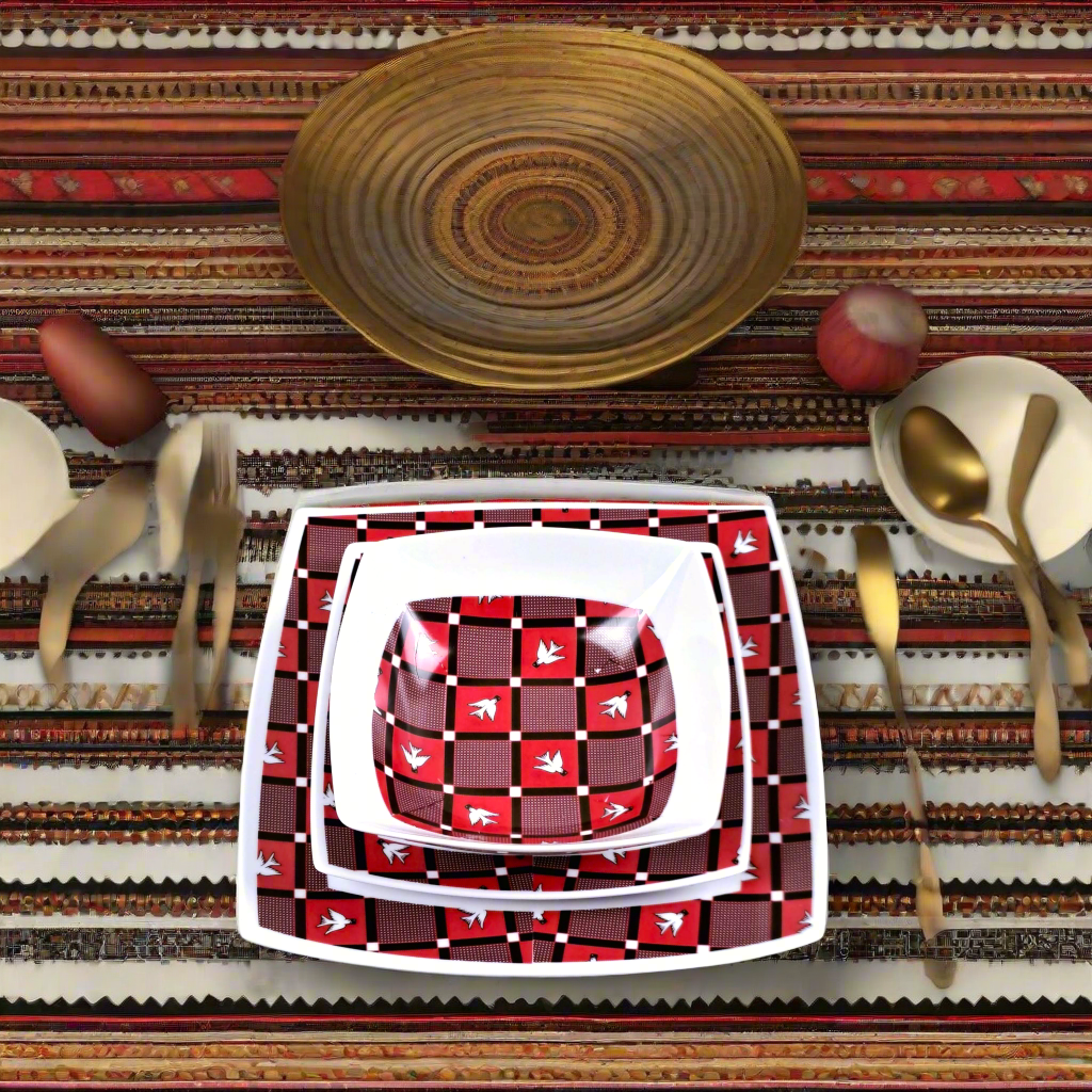 Coffret d'assiettes carrées en porcelaine fine Française fabriquées à la demande avec motif bande Ethnique d'Afrique "Lwili-Pende" du Burkina Faso dans coffret cadeau de 6 assiettes.