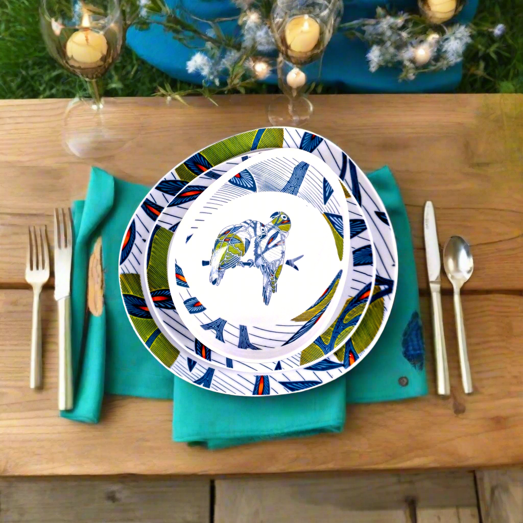 Coffret de 6 Assiettes Ovales en Porcelaine Fine – Motif Wax Africain “Pomme de Discorde” – Fabrication française personnalisable