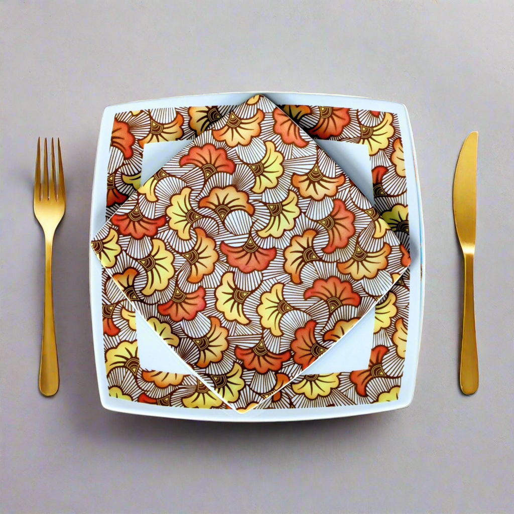 Coffret d'assiettes en porcelaine fine Française fabriquées à la demande avec motif anneau combiné WAX d'afrique "Fleurs de Mariage" ocre dans coffrets de 12
