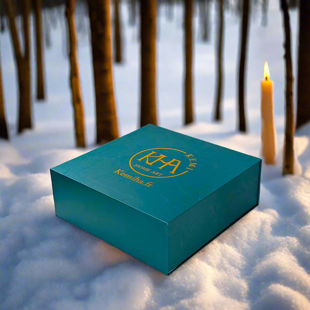 Coffret petit déjeuner en porcelaine fine française, orné d’un motif indigo, composé d'une petite assiette, d'une tasse à café et d'un MUG, présentés dans une boîte prestige.