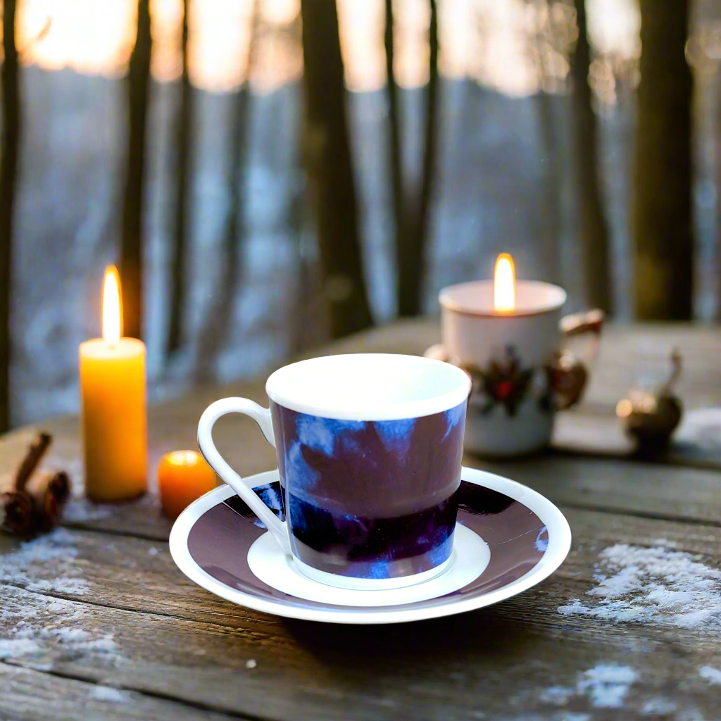 Coffret petit déjeuner en porcelaine fine française, orné d’un motif indigo, composé d'une petite assiette, d'une tasse à café et d'un MUG, présentés dans une boîte prestige.
