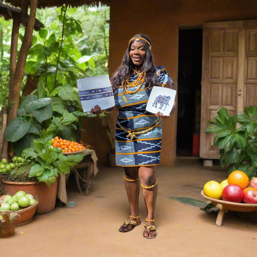 Coffret d'assiettes carrées en porcelaine fine Française fabriquées à la demande avec motif bande Éléphant Ethnique d'Afrique "Baoulé" de Côte d'Ivoire dans coffret de 12 assiettes