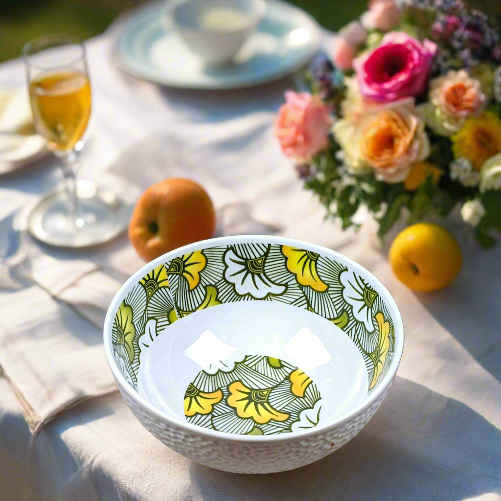 Bol grenaillé à l'extérieur en porcelaine fine Française fabriquées à la demande, motif WAX "Fleurs de mariage" vertes à l'intérieur