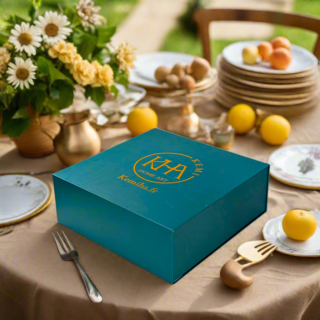 Coffret petit déjeuner en porcelaine fine française, orné d’un motif Ethnique "Adinkra" de Côte d'Ivoire, composé d'une petite assiette, d'un bol et d'un MUG, présentés dans une boîte prestige.