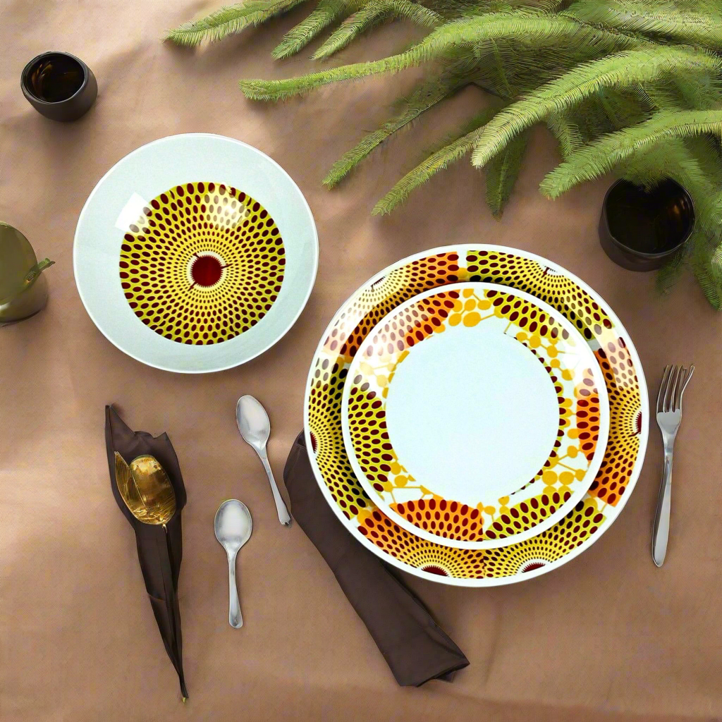 Coffret d'assiettes en porcelaine Française fabriquées à la demande avec motif anneaux larges wax d'Afrique Gammaphone orange dans coffret
