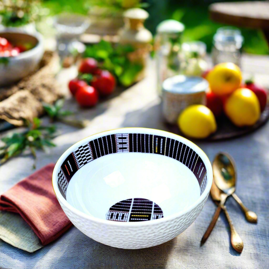 Bol grenaillé à l'extérieur en porcelaine fine Française fabriquées à la demande, motif de Côté d'Ivoire "Sénoufo bleu indigo"