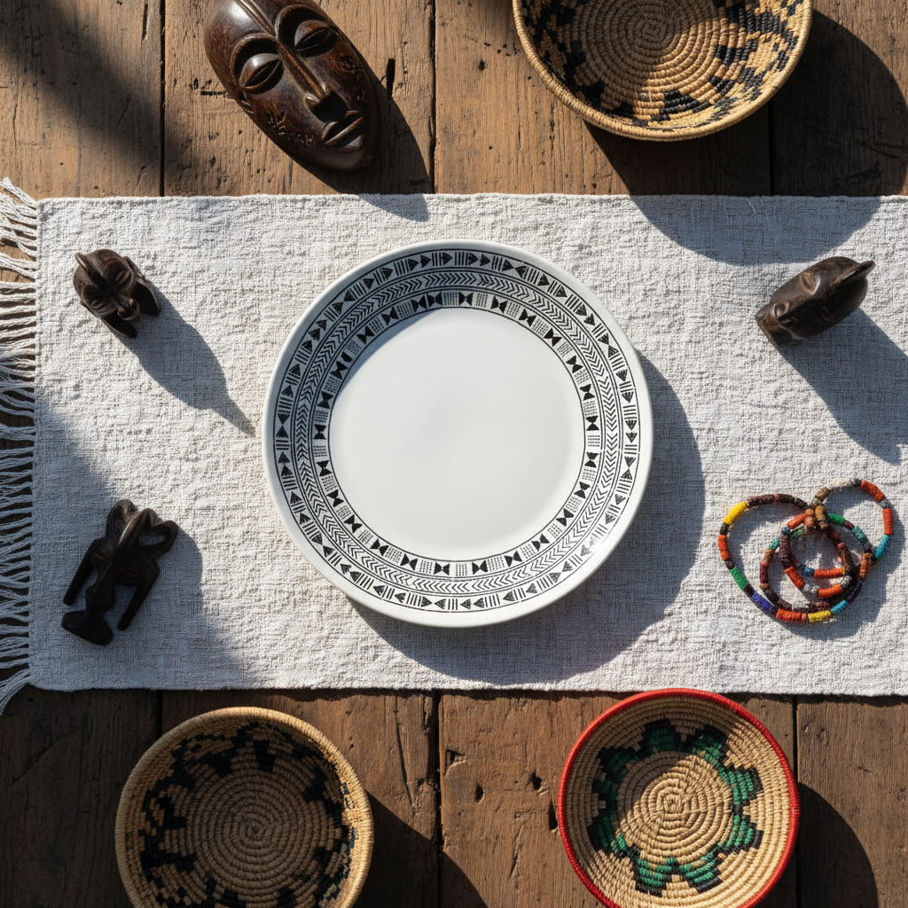 Assiettes petite ou grande en porcelaine fine Française fabriquées à la demande, motif Ethnique "Bogolan"