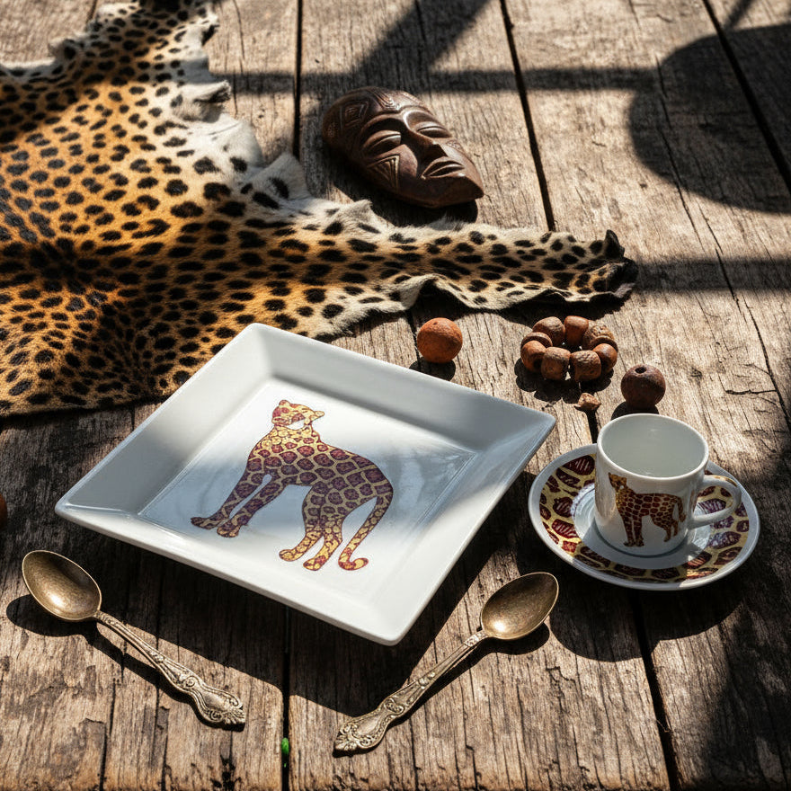 Coffret petit déjeuner en porcelaine fine française, orné d’un motif wax "Léopard", composé d'une petite assiette, d'un bol et d'un MUG, présentés dans une boîte prestige.