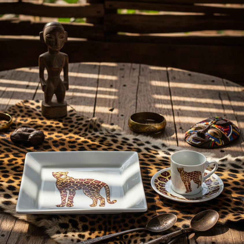 Coffret petit déjeuner en porcelaine fine française, orné d’un motif wax "Léopard", composé d'une petite assiette, d'un bol et d'un MUG, présentés dans une boîte prestige.
