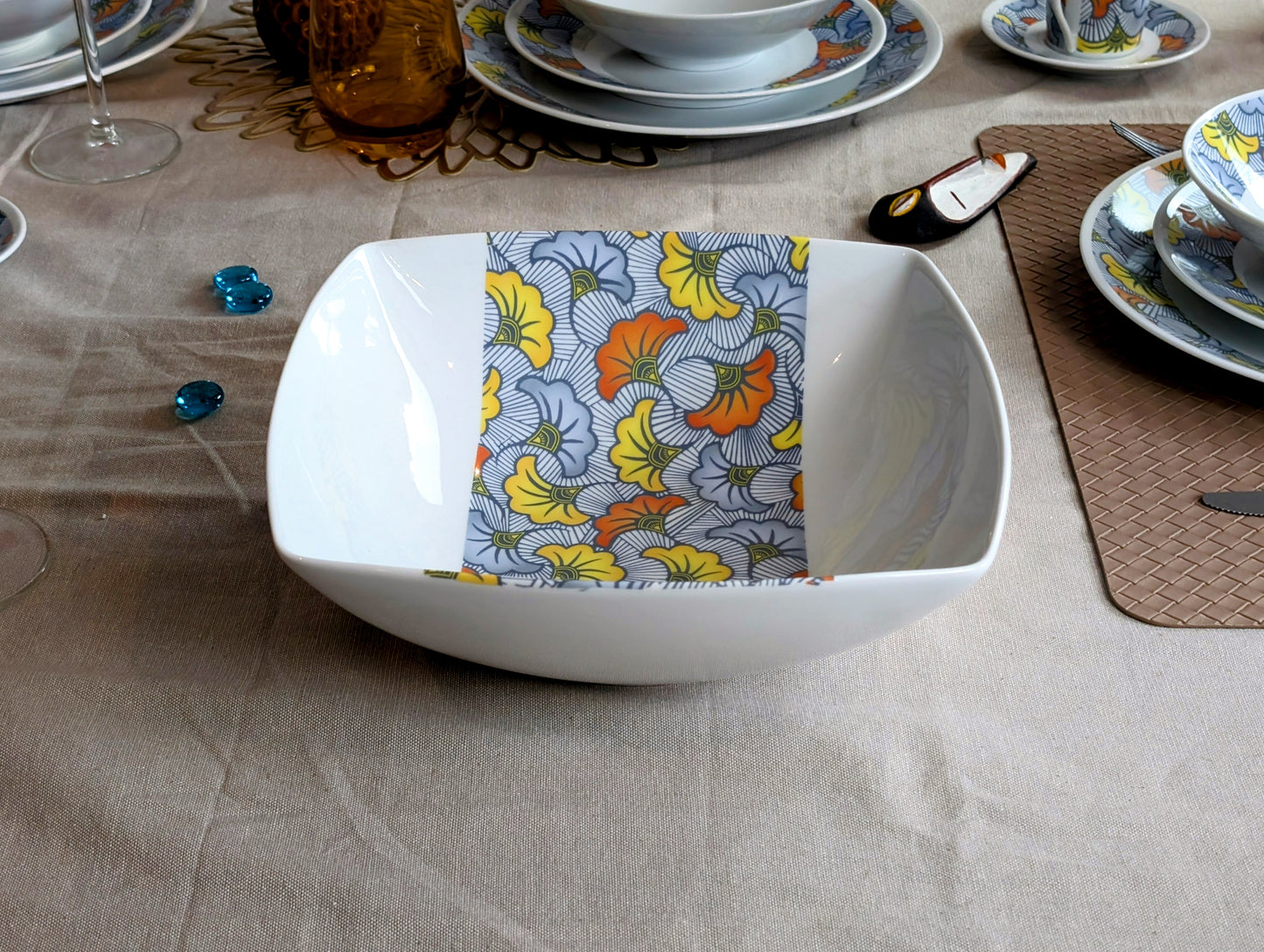 French porcelain salad bowl with African wax stripe pattern "Wedding Flowers" in box