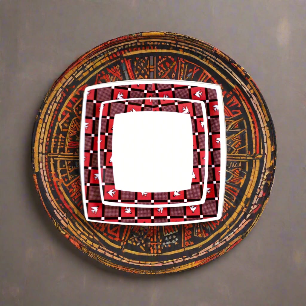 Coffret d'assiettes carrées en porcelaine fine Française fabriquées à la demande avec motif bande Ethnique d'Afrique "Lwili-Pende" du Burkina Faso dans coffret cadeau de 6 assiettes.