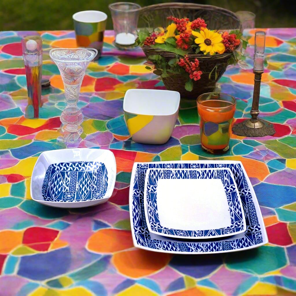 Coffret d'assiettes carrées en porcelaine fine Française fabriquées à la demande avec motif anneau ethnique d'Afrique "Ndop", du Cameroun présenté dans un coffret de 6 assiettes.