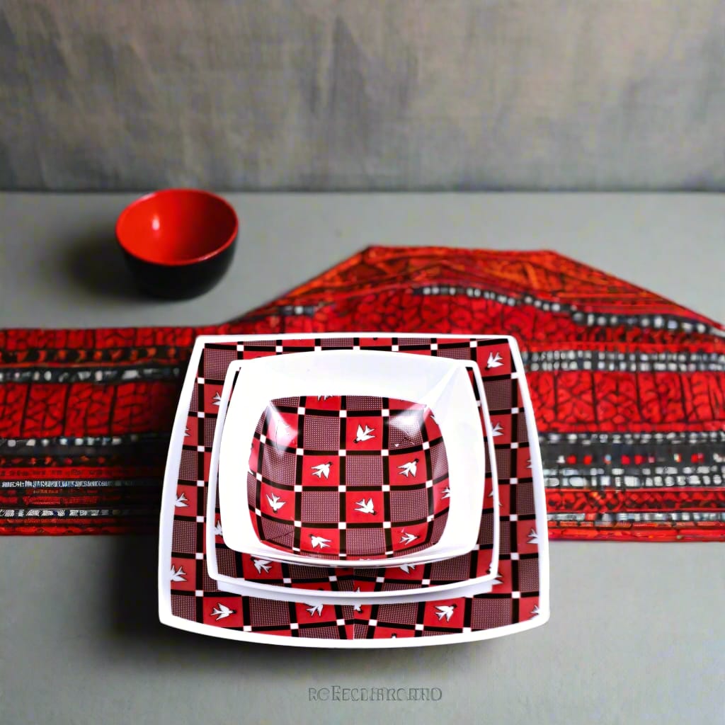 Coffret d'assiettes carrées en porcelaine fine Française fabriquées à la demande avec motif bande Ethnique d'Afrique "Lwili-Pende" du Burkina Faso dans coffret cadeau de 6 assiettes.