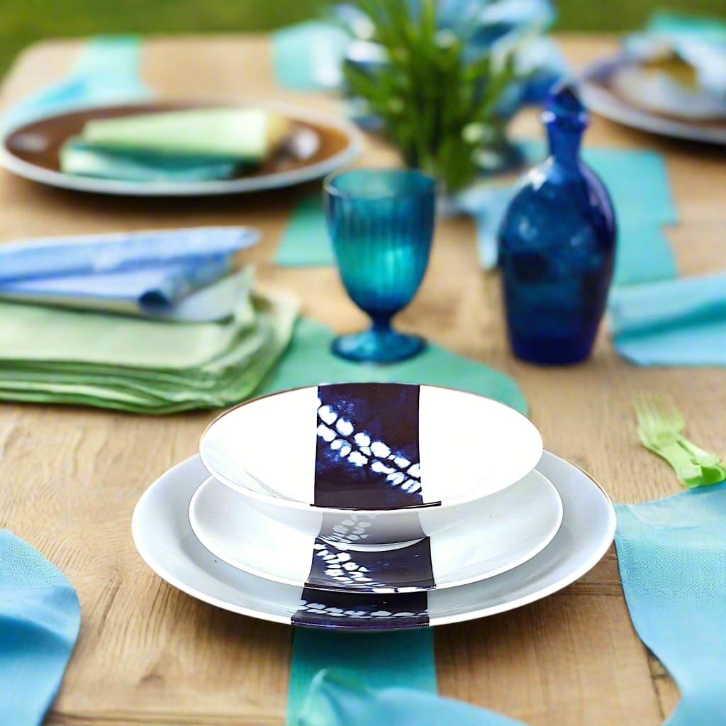 Coffret d'assiettes rondes en porcelaine fine Française fabriquées à la demande avec motif bande larges ethnique d'Afrique "Indigo intense" bleu dans coffret de 6 assiettes