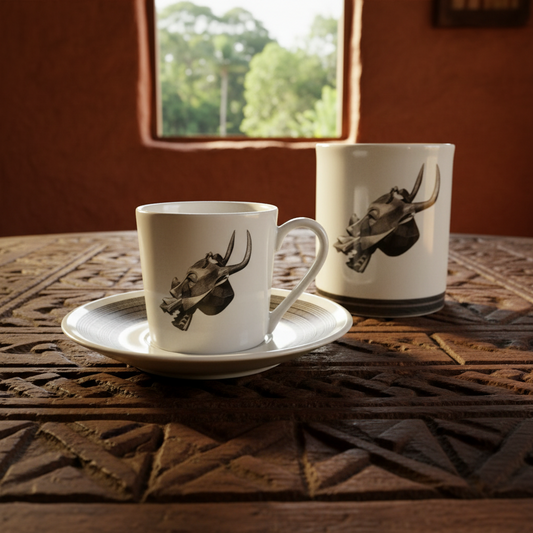 Mug ou Tasse à café en porcelaine fine Française fabriqué à la demande, motif d'Afrique, Côté d'Ivoire MASQUE HEAUME SENOUFO, A tête d'animal à la gueule béante armé de crocs 1