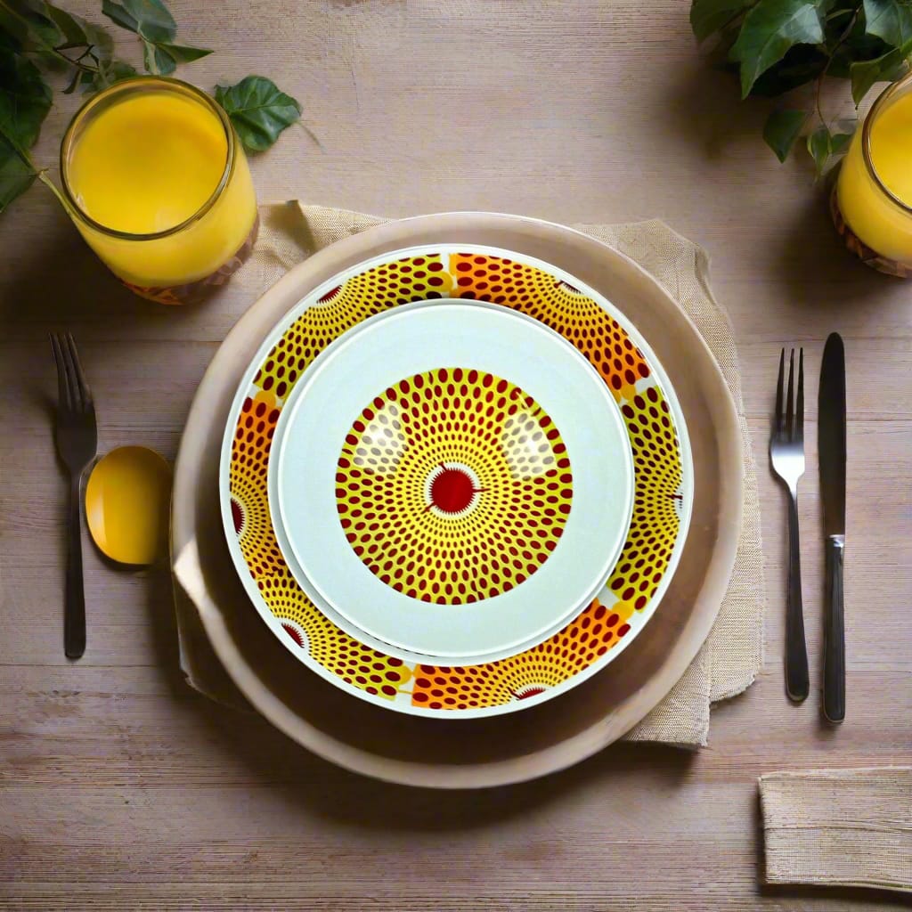 Coffret d'assiettes en porcelaine Française fabriquées à la demande avec motif anneaux larges wax d'Afrique Gammaphone orange dans coffret