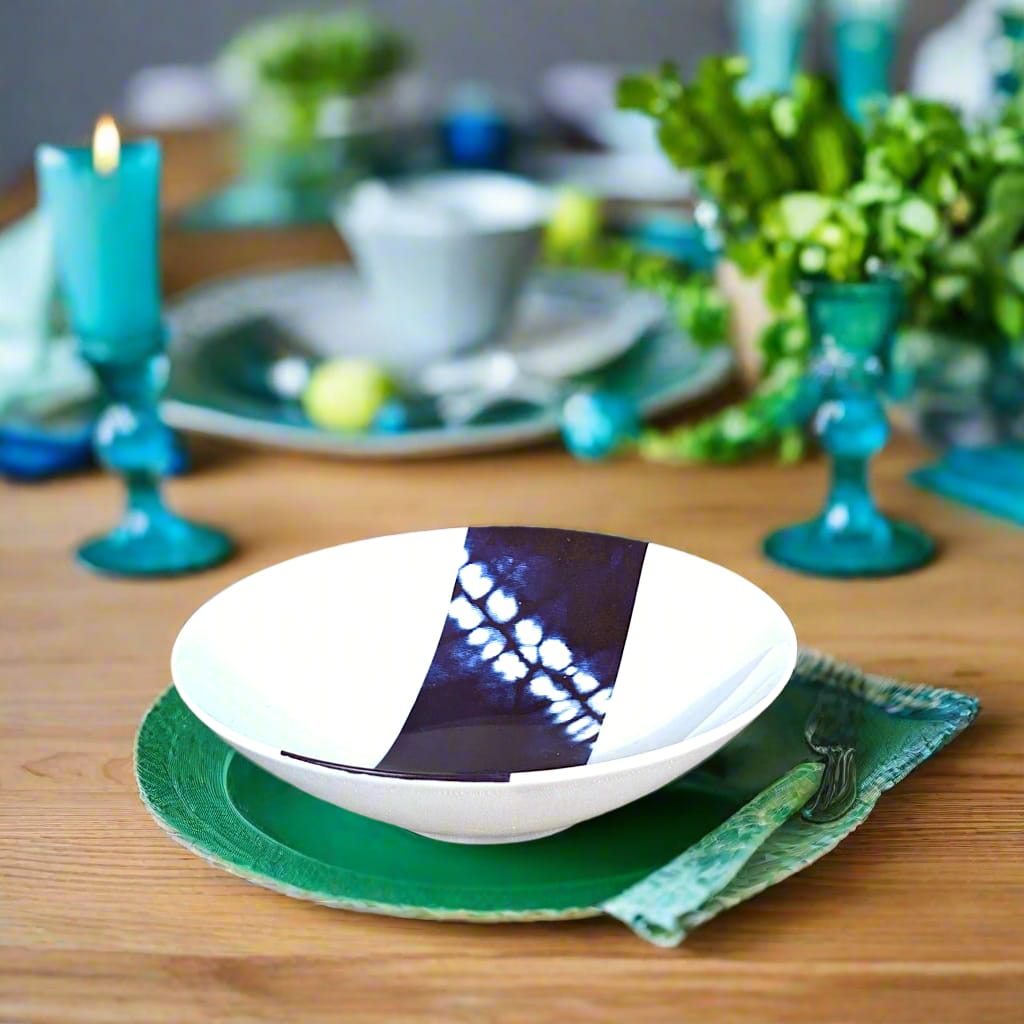 Coffret d'assiettes rondes en porcelaine fine Française fabriquées à la demande avec motif bande larges ethnique d'Afrique "Indigo intense" bleu dans coffret de 6 assiettes