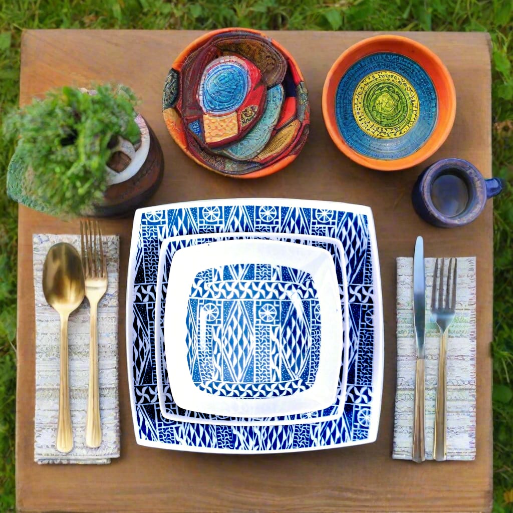 Coffret d'assiettes carrées en porcelaine fine Française fabriquées à la demande avec motif anneau ethnique d'Afrique "Ndop", du Cameroun présenté dans un coffret de 6 assiettes.