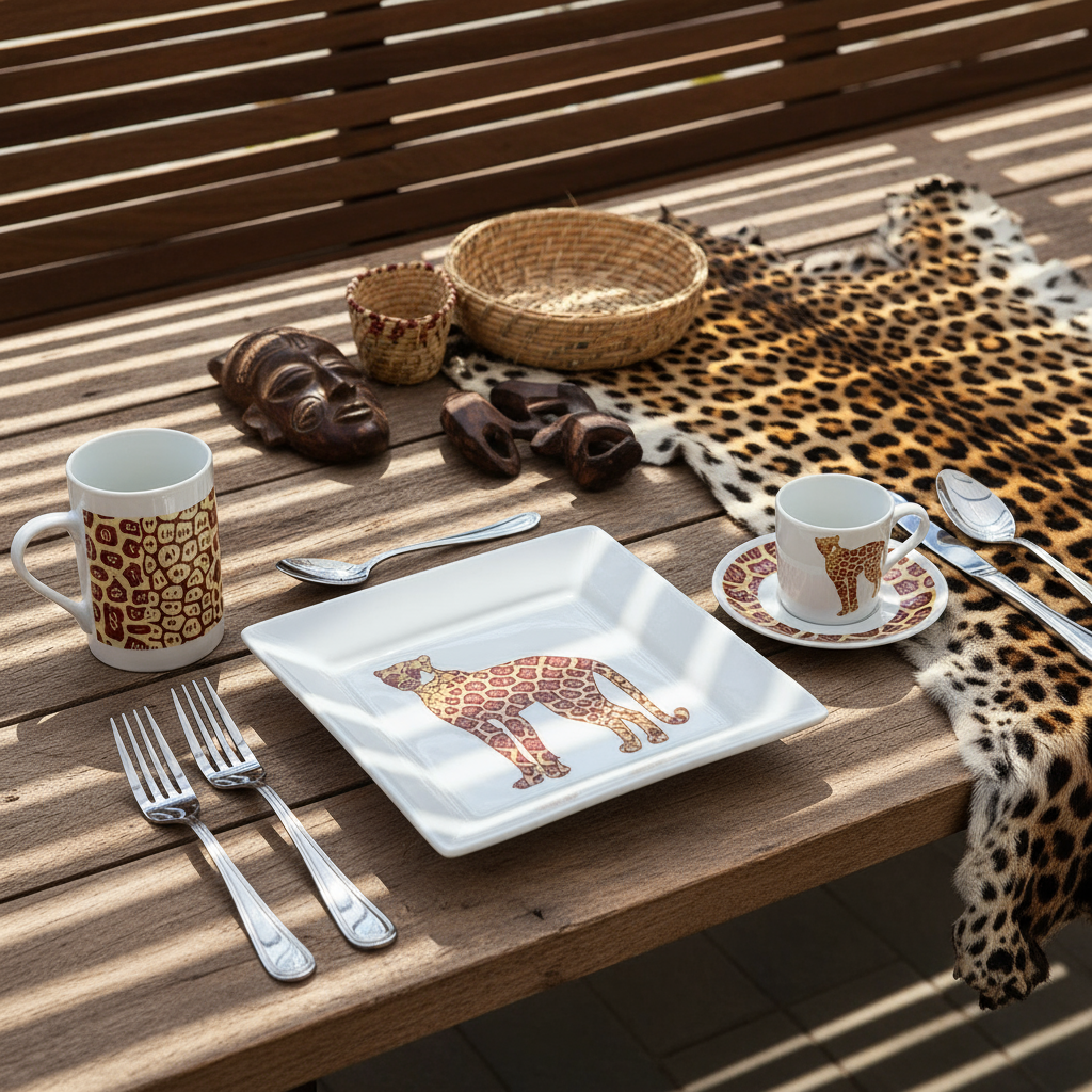 Coffret petit déjeuner en porcelaine fine française, orné d’un motif wax "Léopard", composé d'une petite assiette, d'un bol et d'un MUG, présentés dans une boîte prestige.