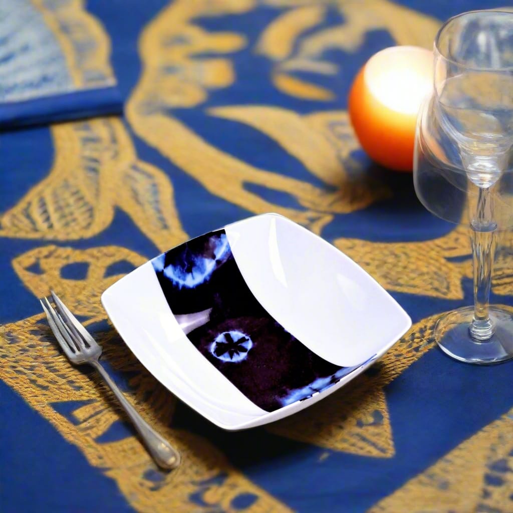 Coffret d'assiettes carrées en porcelaine fine Française fabriquées à la demande avec motif bande ethnique d'Afrique "Indigo bleu et noir" , présenté dans un coffret de 6 assiettes.