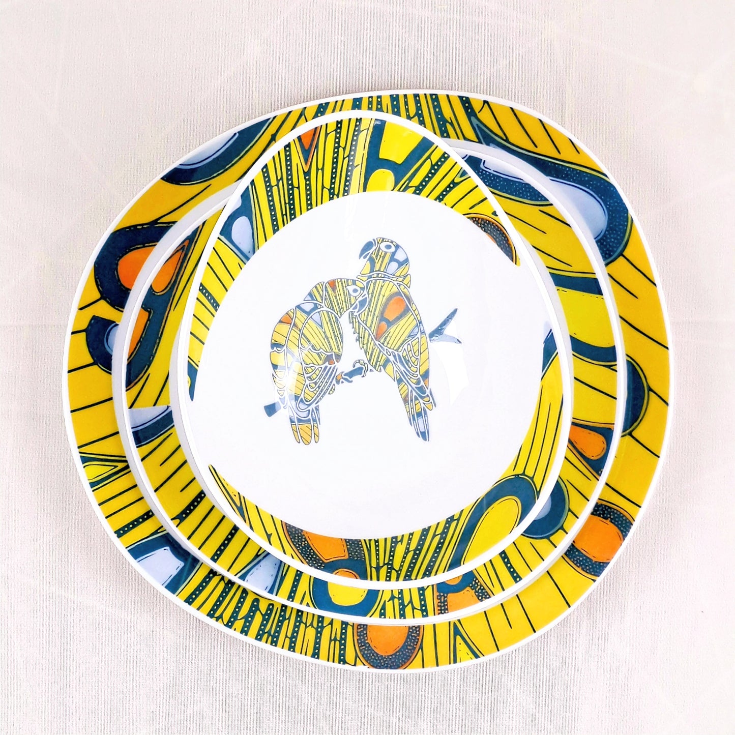 Coffret de 6 Assiettes Ovales en Porcelaine Fine – Motif Wax Africain “Electric Bulb” – Fabrication française personnalisable
