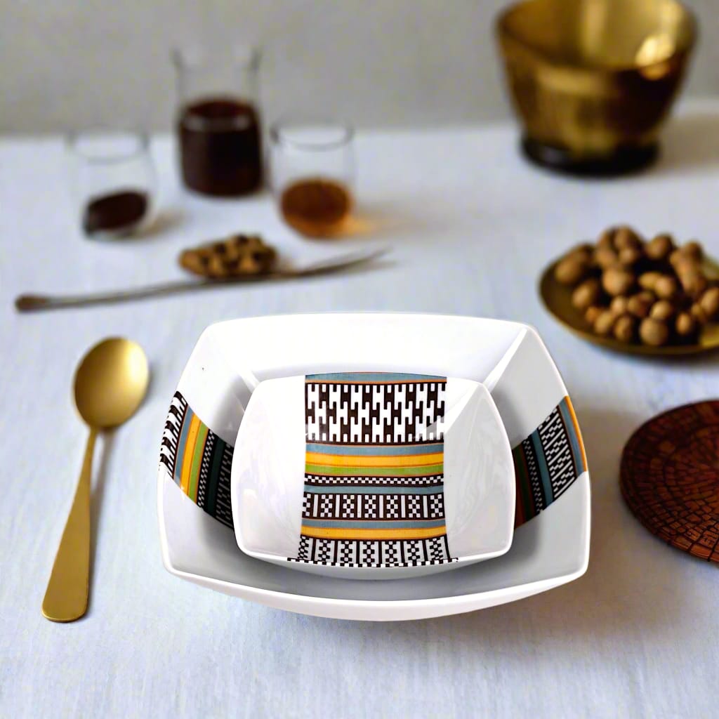 Saladier en porcelaine fine Française fabriquées à la demande motif bande Ethnique d'Afrique "Kanta" du Niger dans coffret