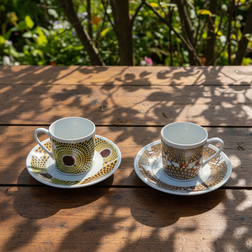 Tasse à Café en porcelaine Française avec soucoupe motif plein wax d'Afrique Gammaphone gris et orangé