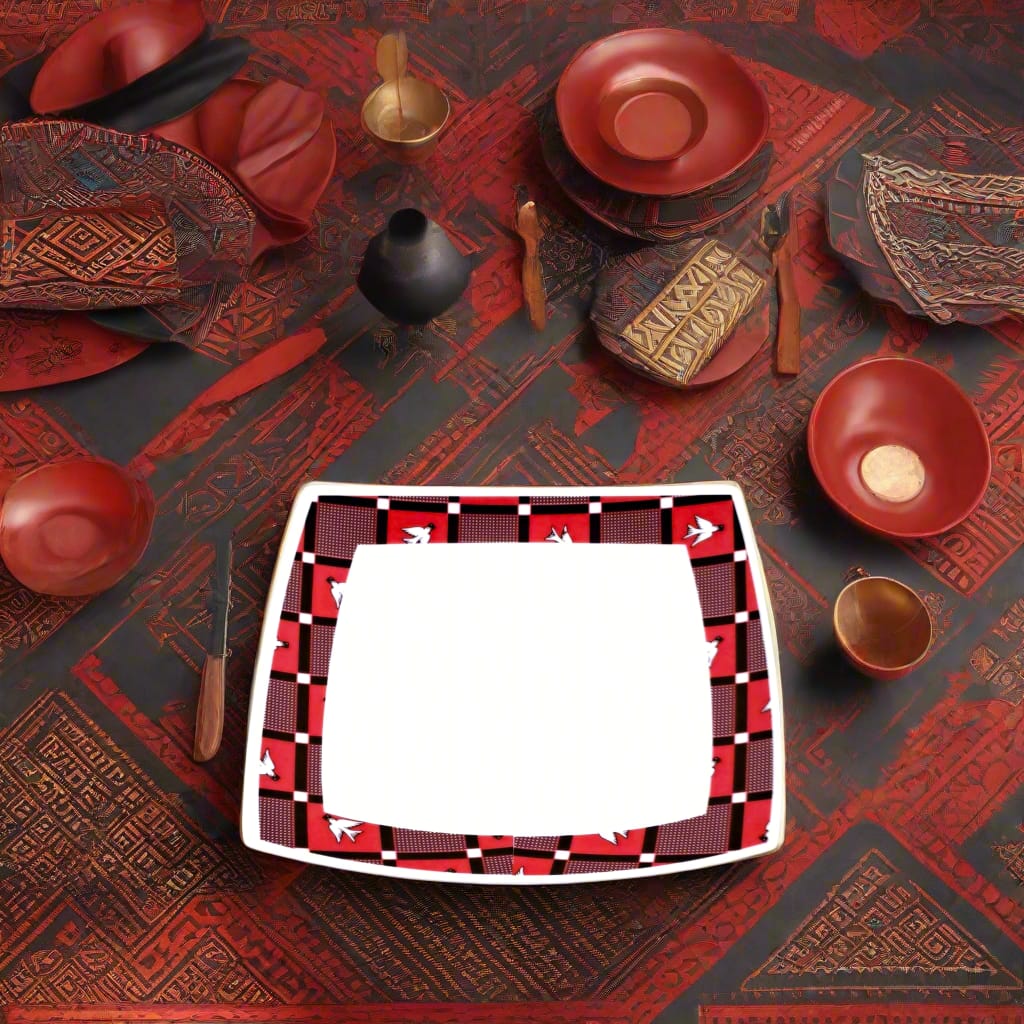 Coffret d'assiettes carrées en porcelaine fine Française fabriquées à la demande avec motif bande Ethnique d'Afrique "Lwili-Pende" du Burkina Faso dans coffret cadeau de 6 assiettes.
