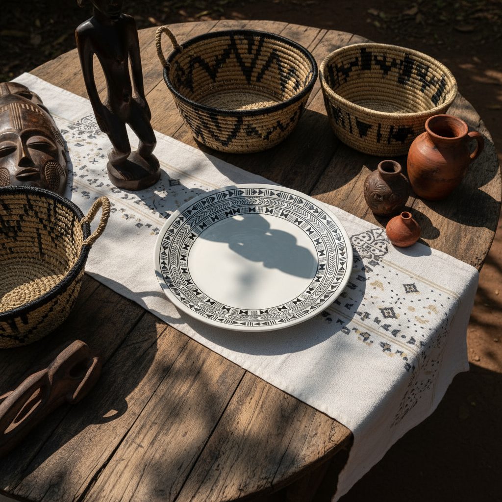 Assiettes petite ou grande en porcelaine fine Française fabriquées à la demande, motif Ethnique "Bogolan"