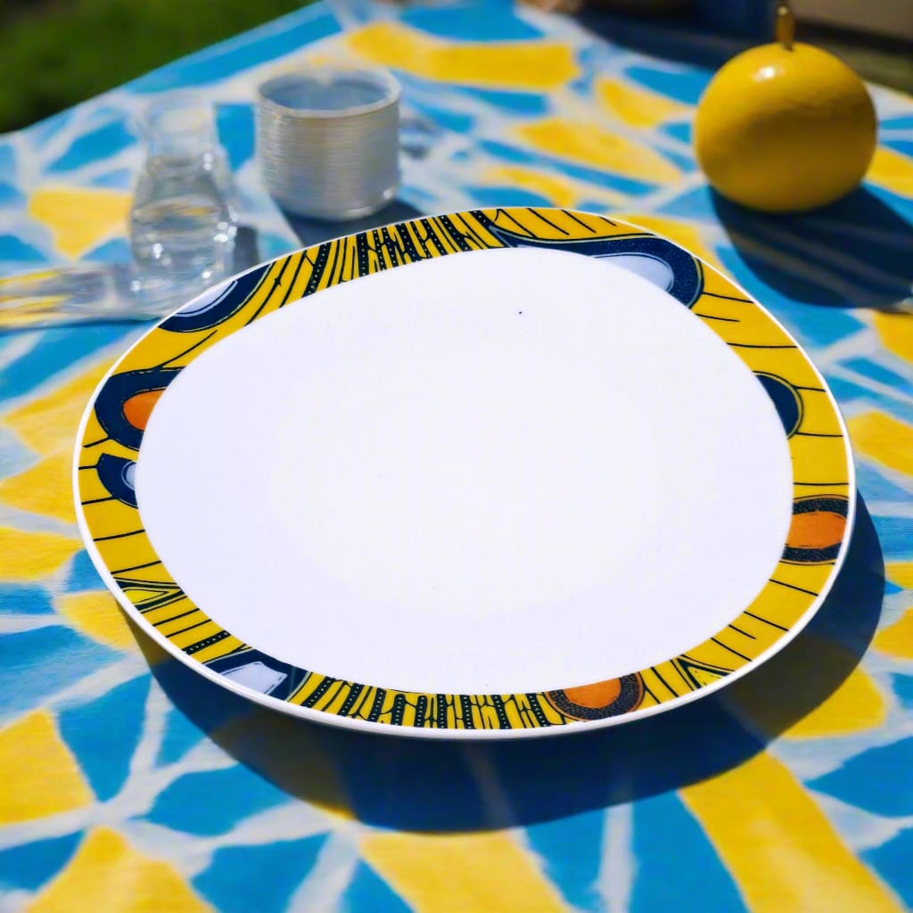Coffret de 6 Assiettes Ovales en Porcelaine Fine – Motif Wax Africain “Electric Bulb” – Fabrication française personnalisable